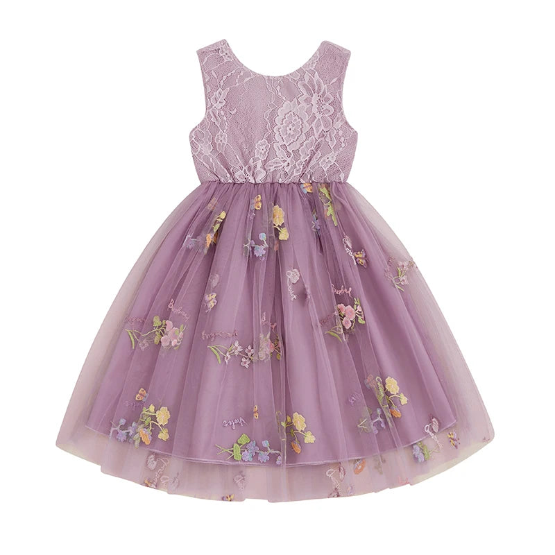 Kids Girl Sleeveless Round Neck Floral Embroidery Dress