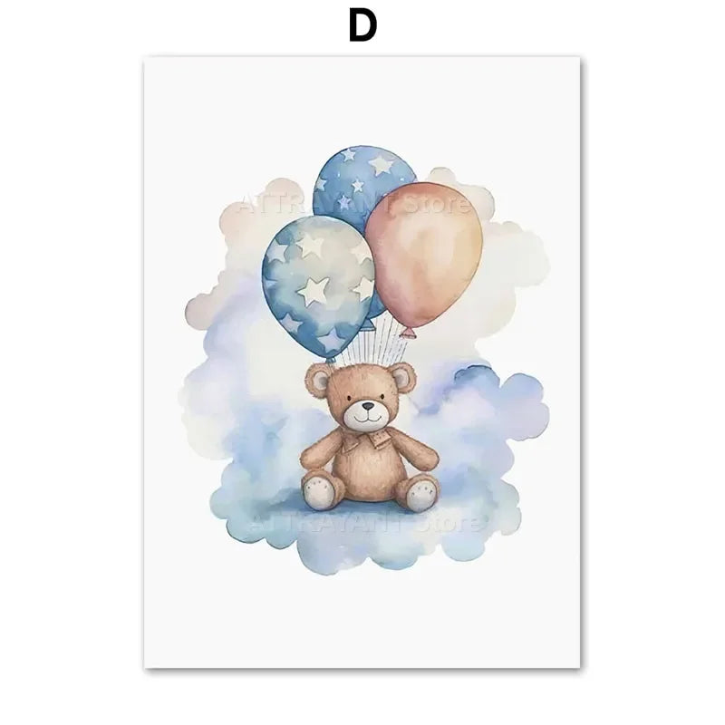 Cute Bear Hot Air Balloon Cloud Cartoon Animal Poster Nursery Set Wall Art Prints Canvas Painting Pictures Baby Kids Room Decor