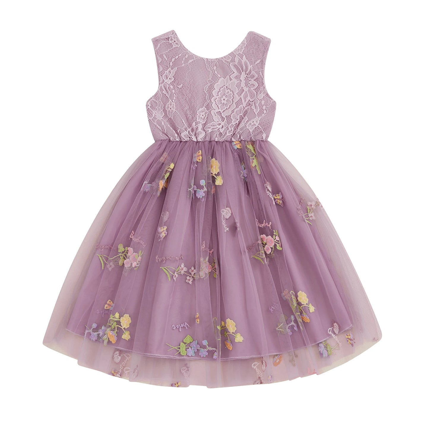 Kids Girl Tulle Dress Sleeveless Round Neck Floral Embroidery Dress