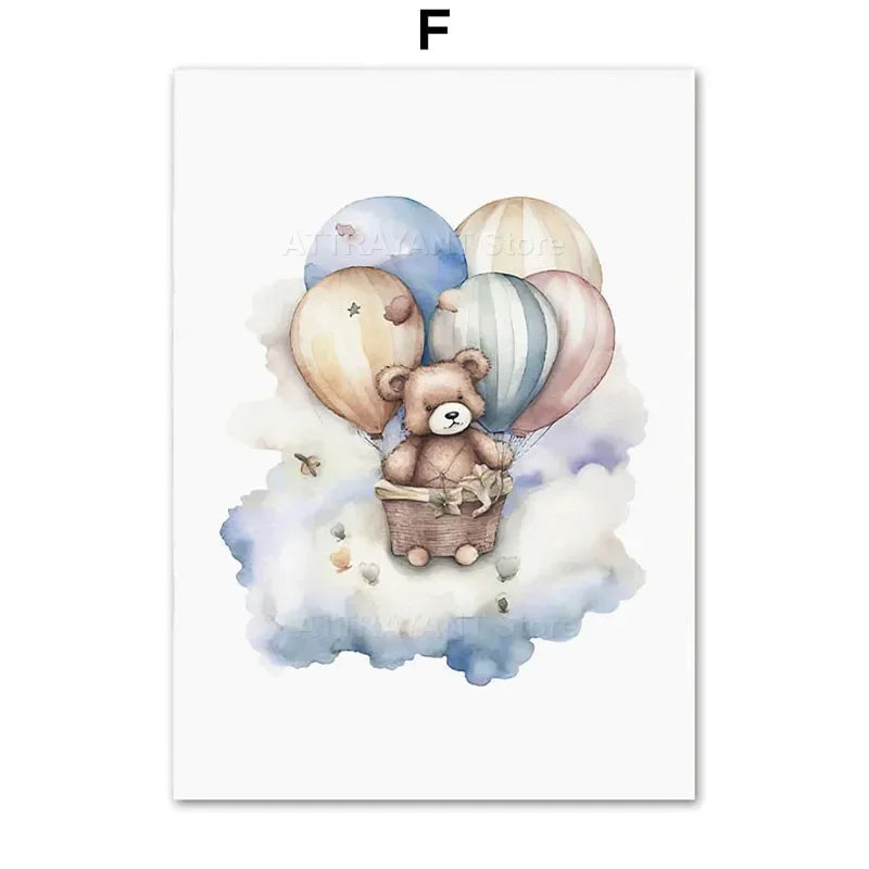 Cute Bear Hot Air Balloon Cloud Cartoon Animal Poster Nursery Set Wall Art Prints Canvas Painting Pictures Baby Kids Room Decor