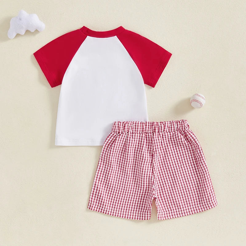 Adorable Baby Birthday Outfit Baseball Embroidery Tee and Plaid Shorts Set for Toddler Girl or Boy - Stylish and Fun Clothing