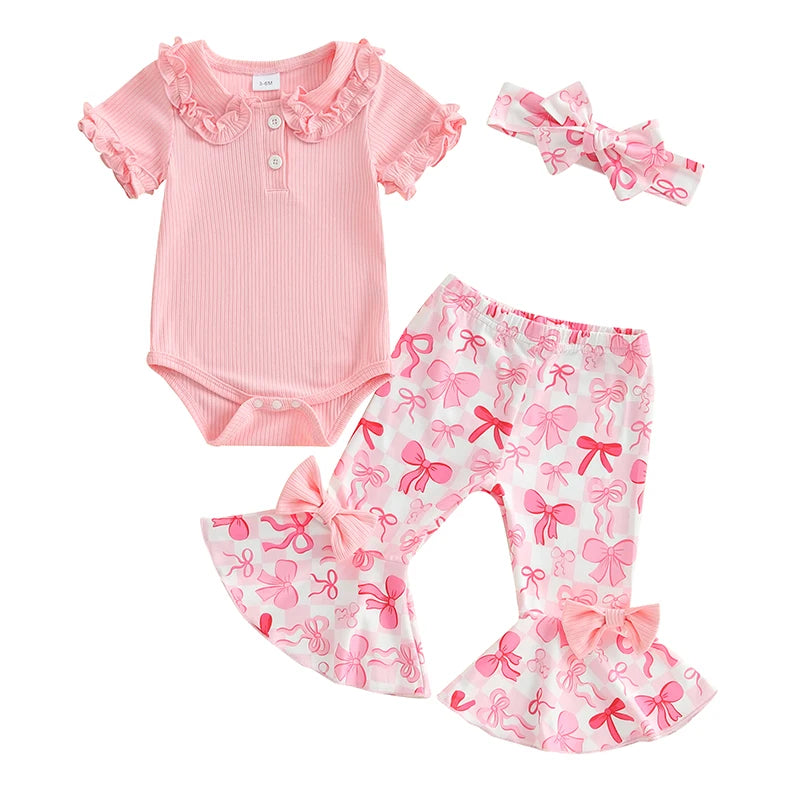 Toddler Girls 3-Piece Outfit Set with Ruffle Sleeve Romper Floral Print Bell Bottom Pants and Matching Headband