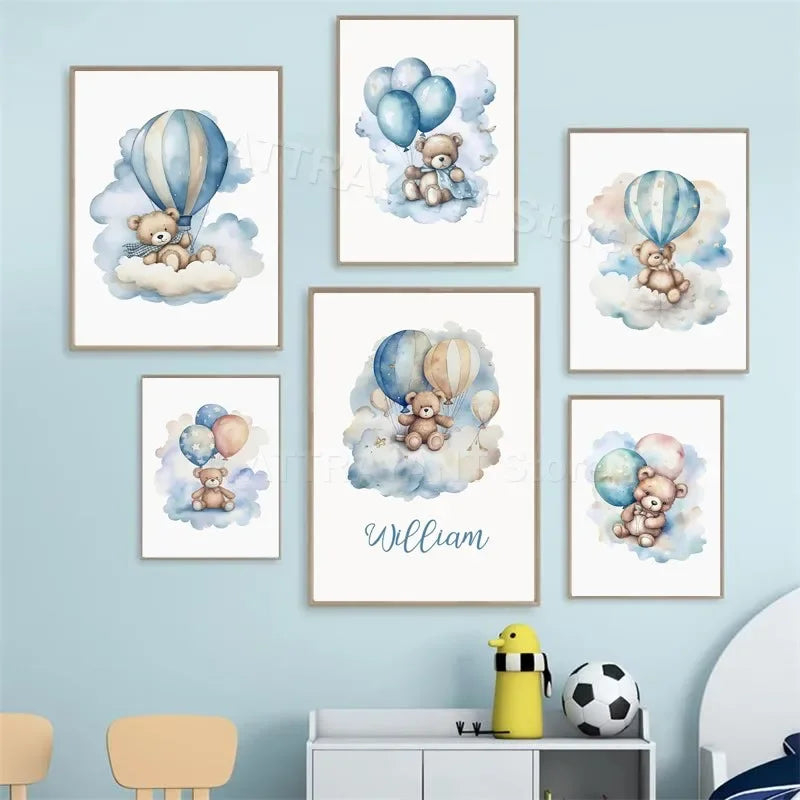 Cute Bear Hot Air Balloon Cloud Cartoon Animal Poster Nursery Set Wall Art Prints Canvas Painting Pictures Baby Kids Room Decor