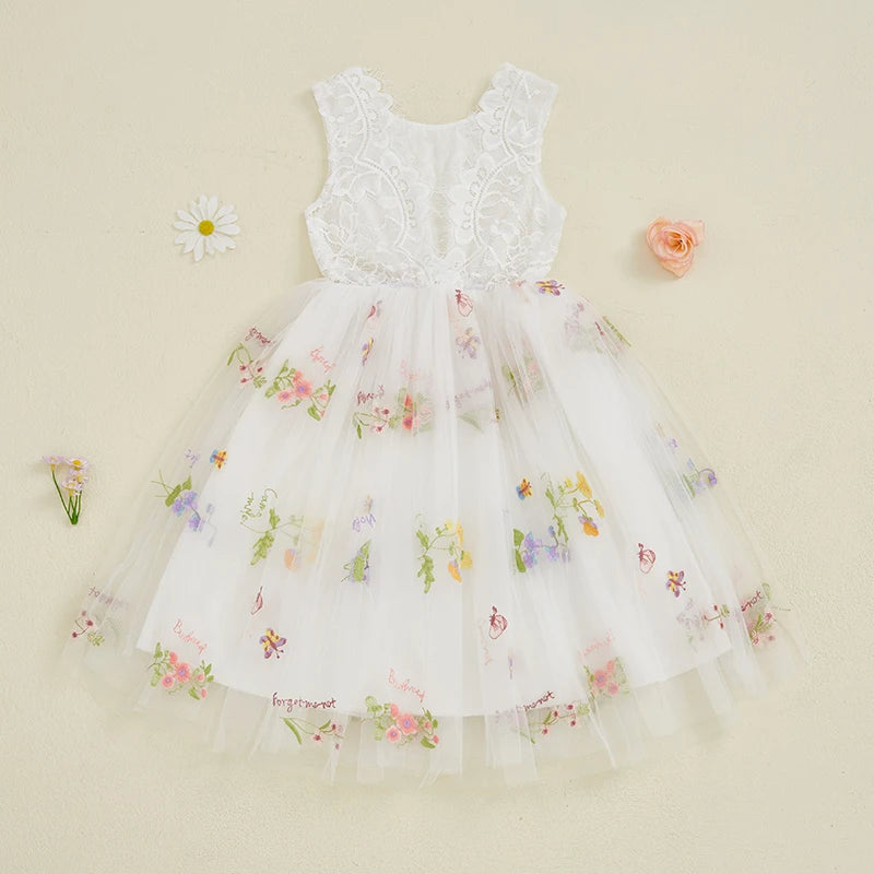 Kids Girl Tulle Dress Sleeveless Round Neck Floral Embroidery Dress