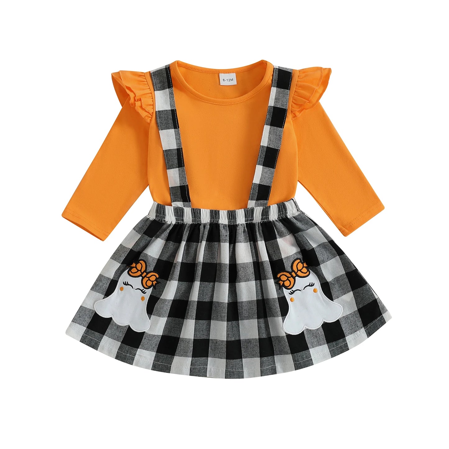 Toddler Baby Girls Skirt Set Solid Color Long Sleeve Tops and Ghost Pattern Plaid Suspender