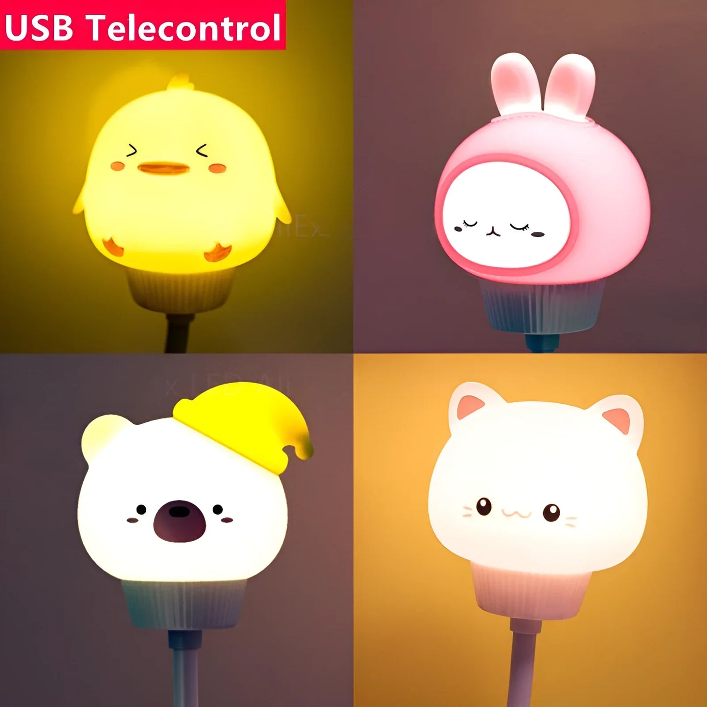 USB Night Light LED Cute Cartoon Night Lamp Bear Chick Kitten for Baby Kid Bedroom Decoration Bedside Lamp
