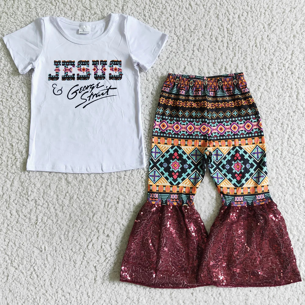 Hot Sale Baby Girls Clothes Short Sleeve Tops Bell Pants Sets Western Kids Clothes Fashion Toddler Girls Clothing Wholesale New