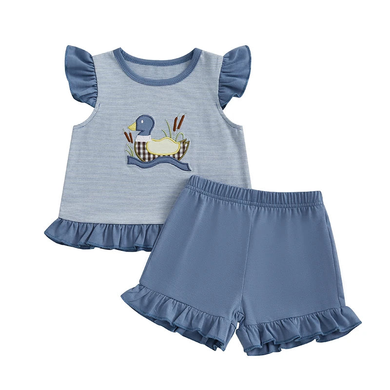 Adorable Infant Girl Outfit with Cute Bunny Applique Flutter Sleeve Top and Matching Ruffle Shorts for Summer Fun