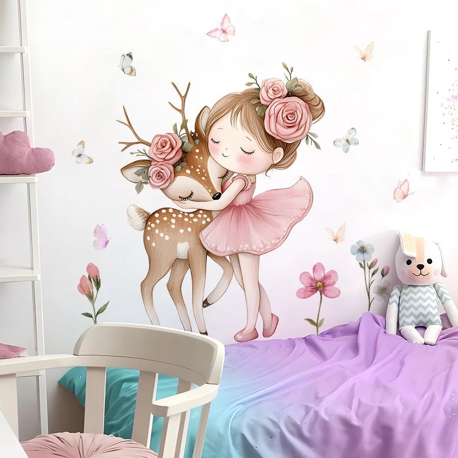 Cartoon Girl With Deer Wall Decal Woodland Animal Bedroom Decor Waterproof Peel-Stick Home Art For Playroom Wall Art Decals