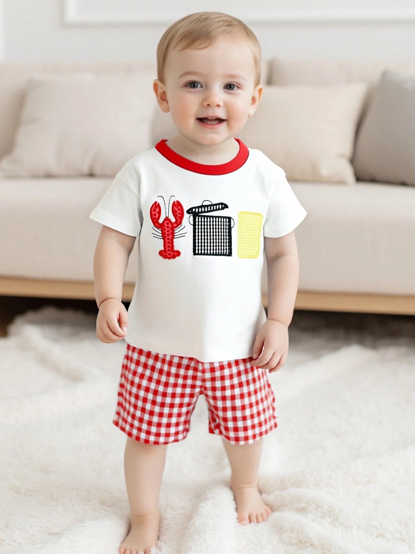 Adorable Infant Boy Beachwear Set with Cute Crab Applique Tee and Checkered Shorts for Sunny Days Outfits