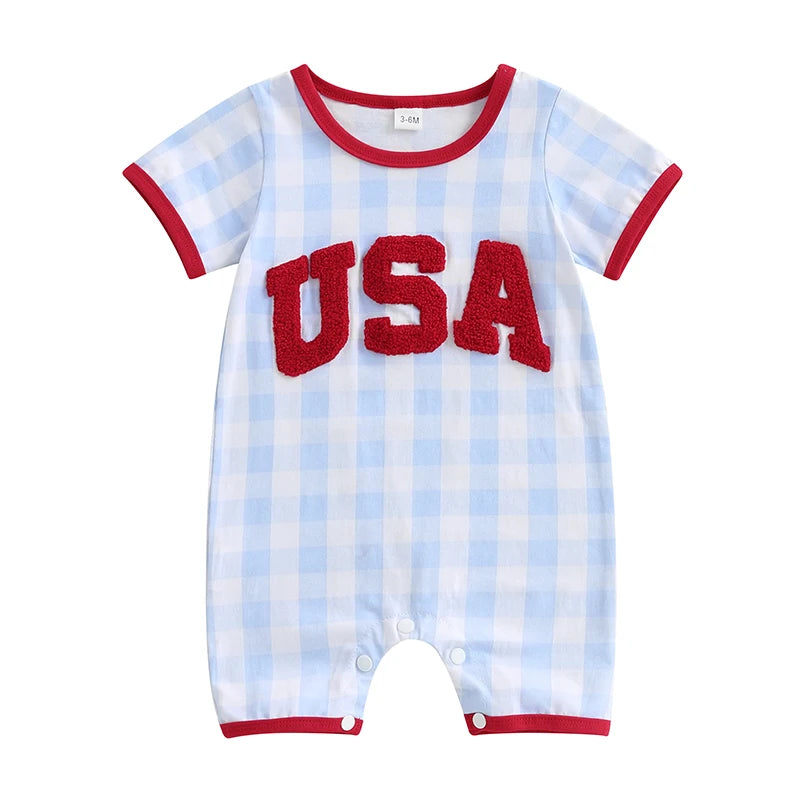 Infant Fourth of July with Embroidered Initials Checkered Design and Short Sleeves for Patriotic Celebrations