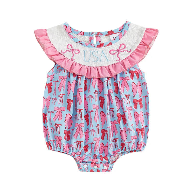Adorable Infant American Flag Romper with Bow Detail and Flutter Sleeves for Baby Girl - Patriotic for Newborns and