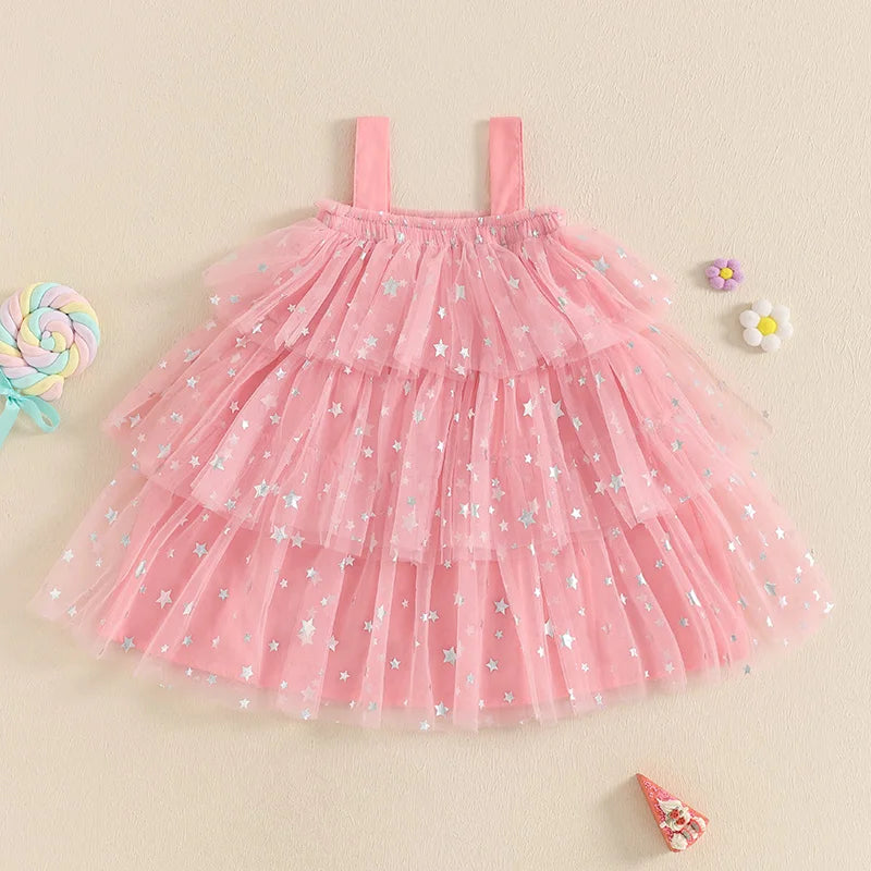 Kids Girls Dress Flower Decor Sequins Star Sleeveless Layered Casual Dress