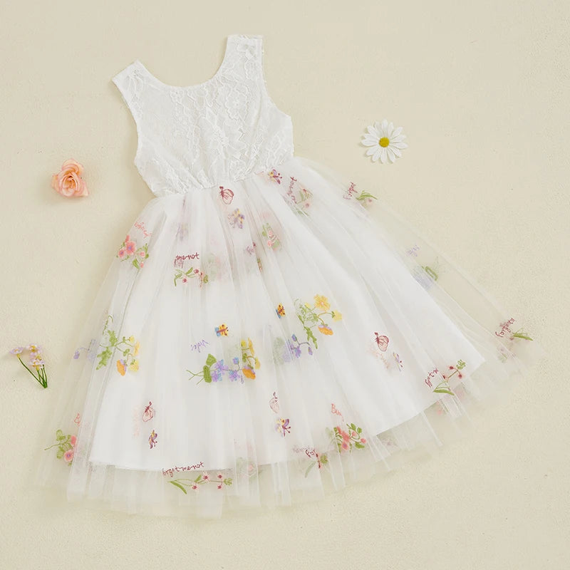 Kids Girl Tulle Dress Sleeveless Round Neck Floral Embroidery Dress
