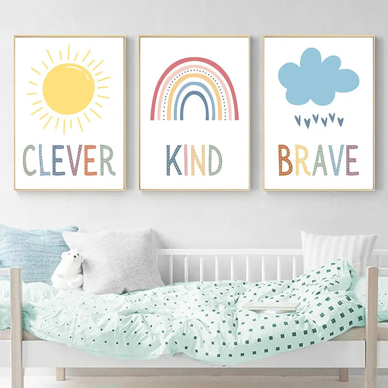 Cute Sun Rainbow Cloud Canvas Art Print Simple Educational Quotes Wall Poster Kids Room Nursery Modern Home Decor Picture