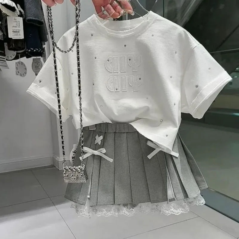 Girls' summer outfit summer new style T-shirt pleated skirt stylish two-piece set