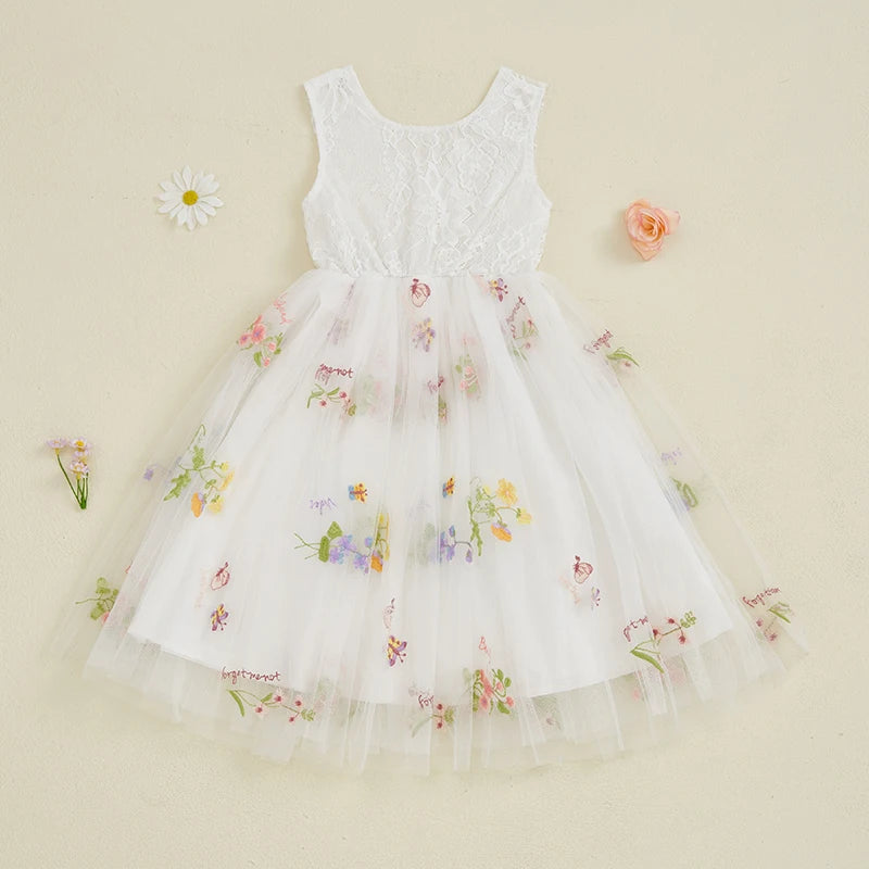 Kids Girl Sleeveless Round Neck Floral Embroidery Dress