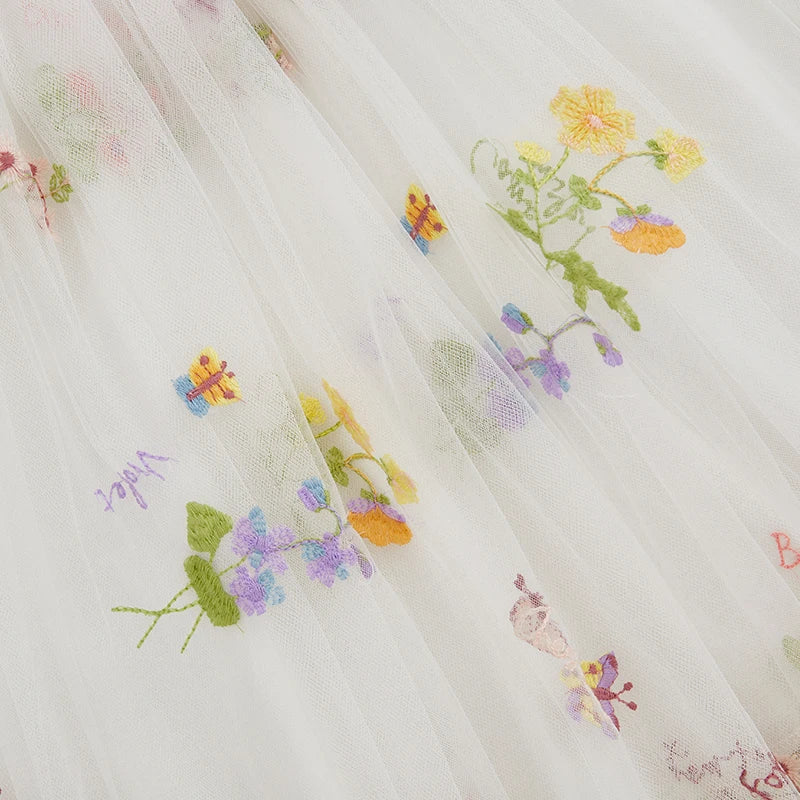 Kids Girl Sleeveless Round Neck Floral Embroidery Dress