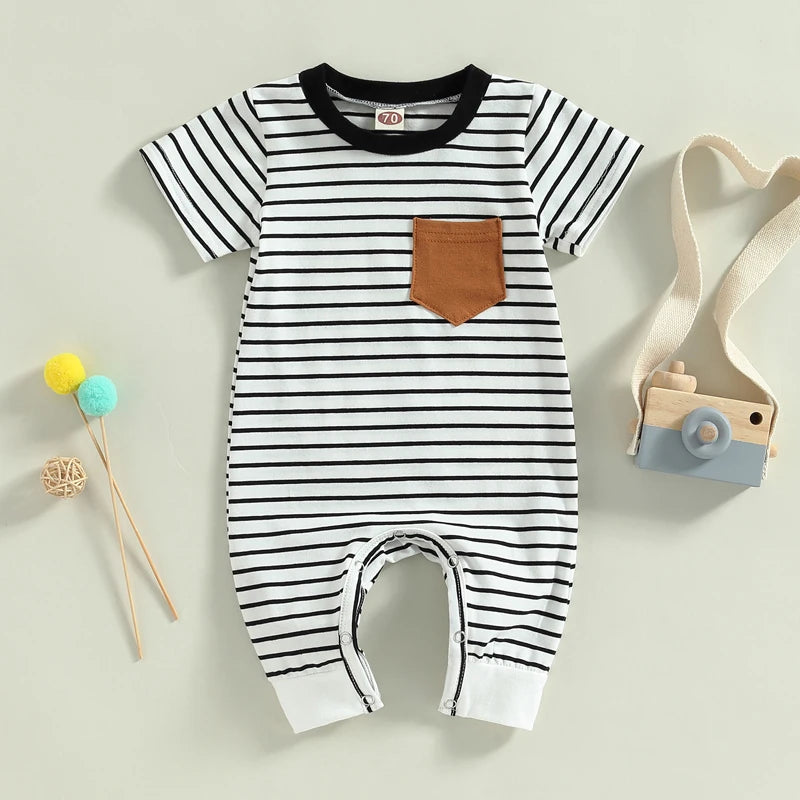 2023-02-22 Lioraitiin 0-18M Newborn Baby Boys Summer Jumpsuit Round Neck Contrast Color Short Sleeve Striped Romper