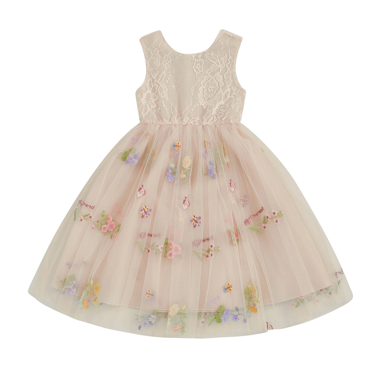Kids Girl Tulle Dress Sleeveless Round Neck Floral Embroidery Dress