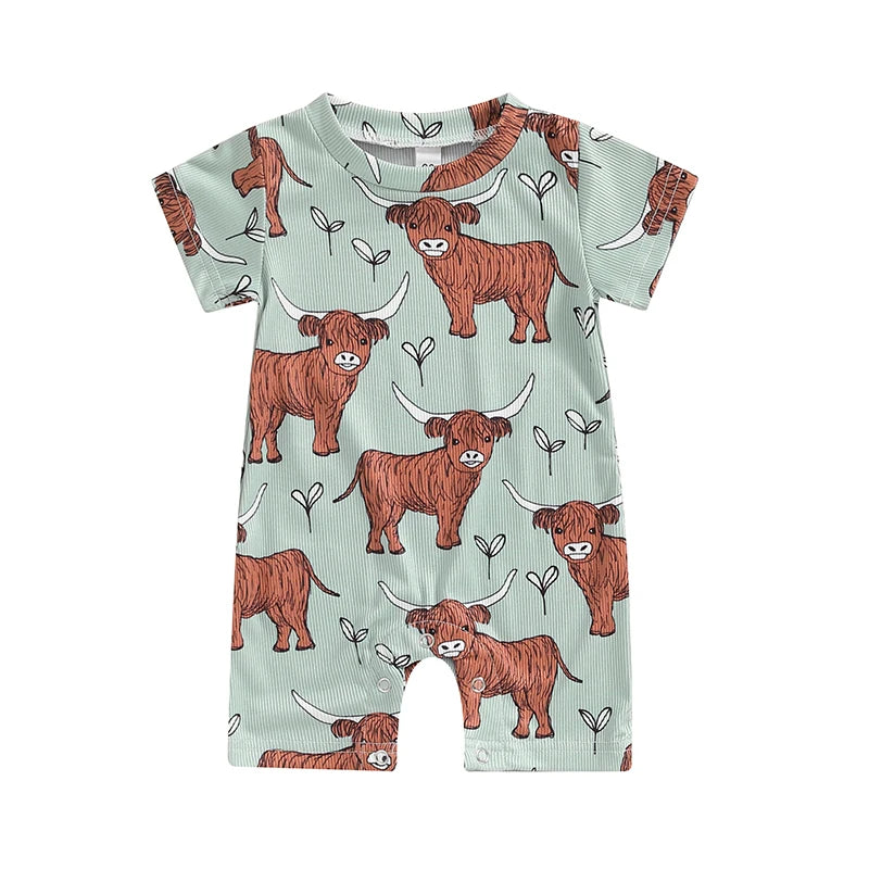 2024-03-19 Lioraitiin 0-18M Lovely Baby Boys Western Jumpsuit Short Sleeve Crew Neck Cow Head Print Summer Casual Romper