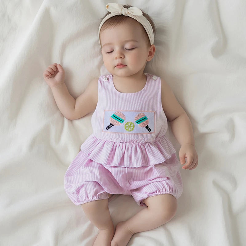 Toddler Girls Polka Dot Romper Sleeveless Round Neck Pickleball Embroidered Jumpsuit Overall Summer Outfit