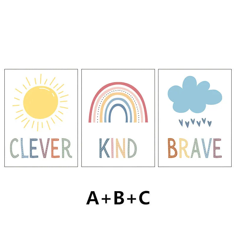 Cute Sun Rainbow Cloud Canvas Art Print Simple Educational Quotes Wall Poster Kids Room Nursery Modern Home Decor Picture
