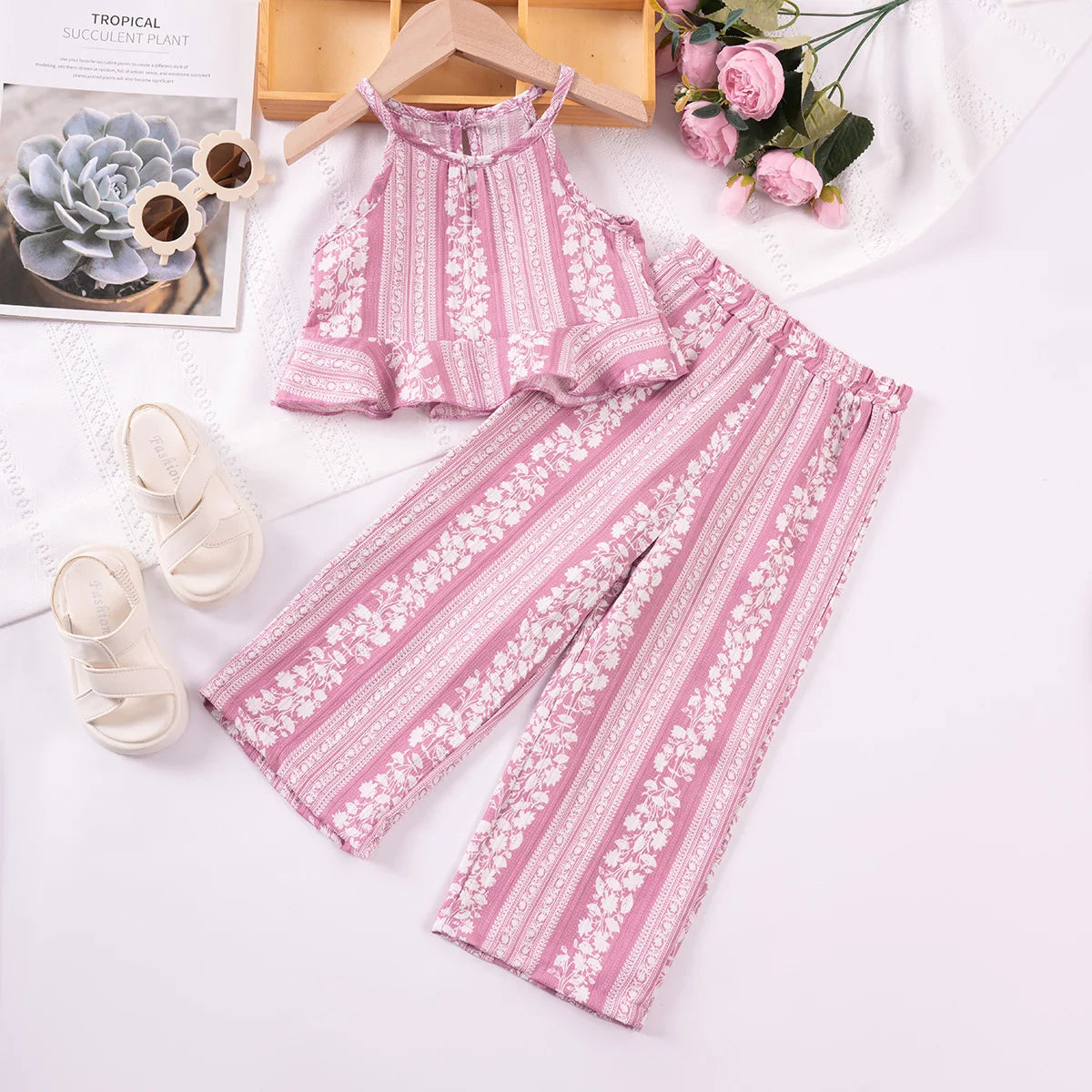 Kids Girl Summer Outfits Stripe Floral Print Sleeveless