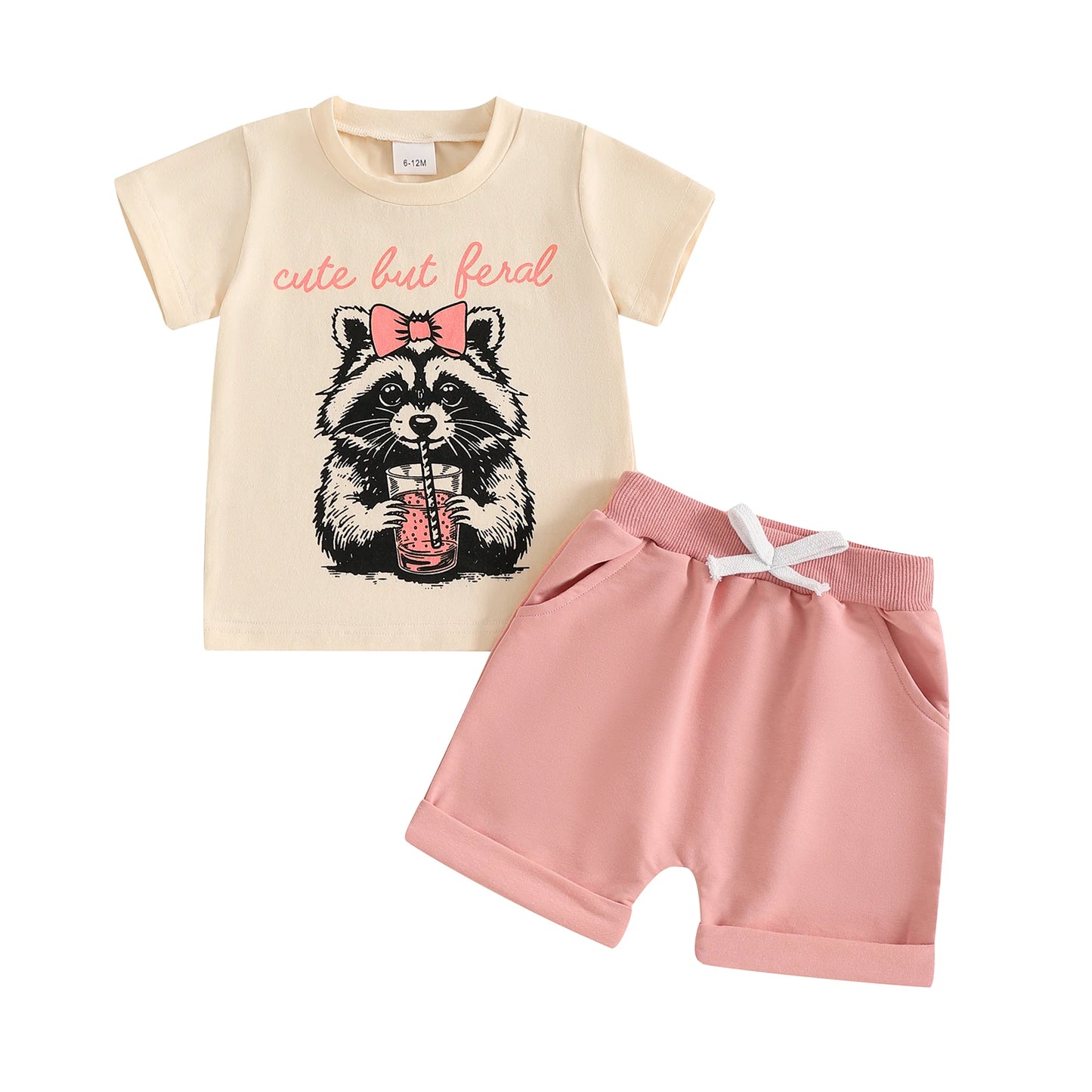 Toddler Girls Summer Outfit Raccoon Letter Print Short Sleeves