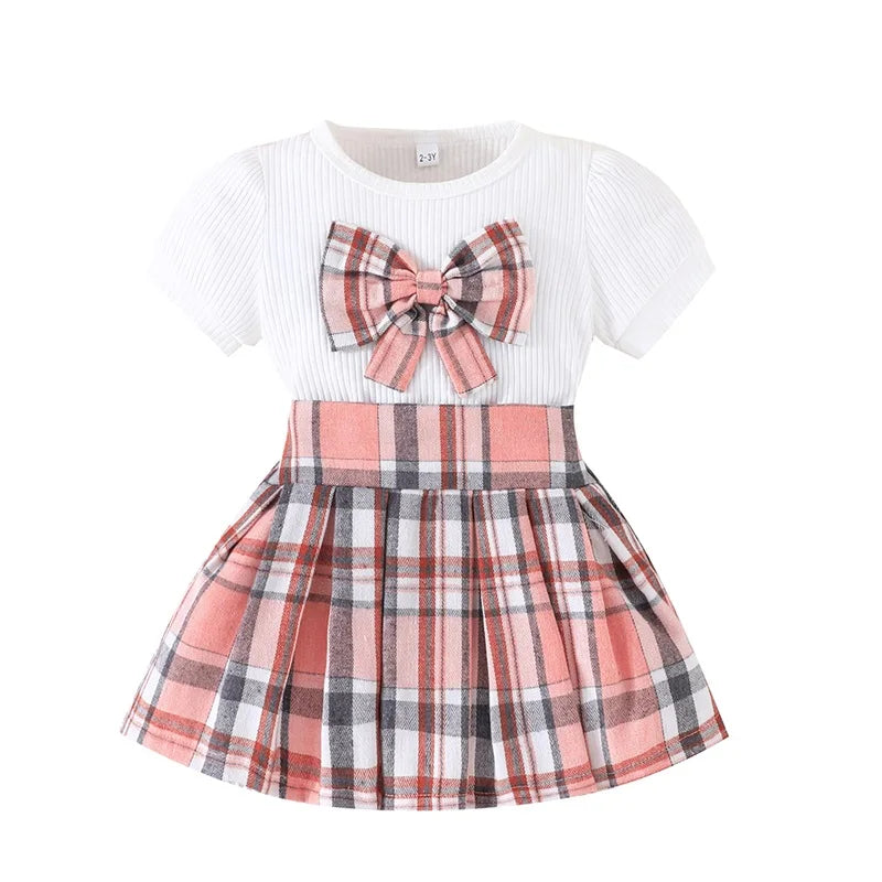 Summer Girl Clothes Short Sleeve Plaid Pleated Skirt