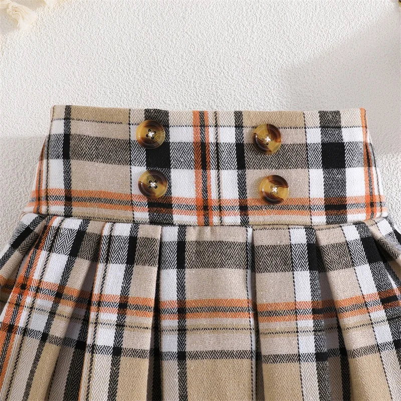 Summer Girl Clothes Short Sleeve Plaid Pleated Skirt