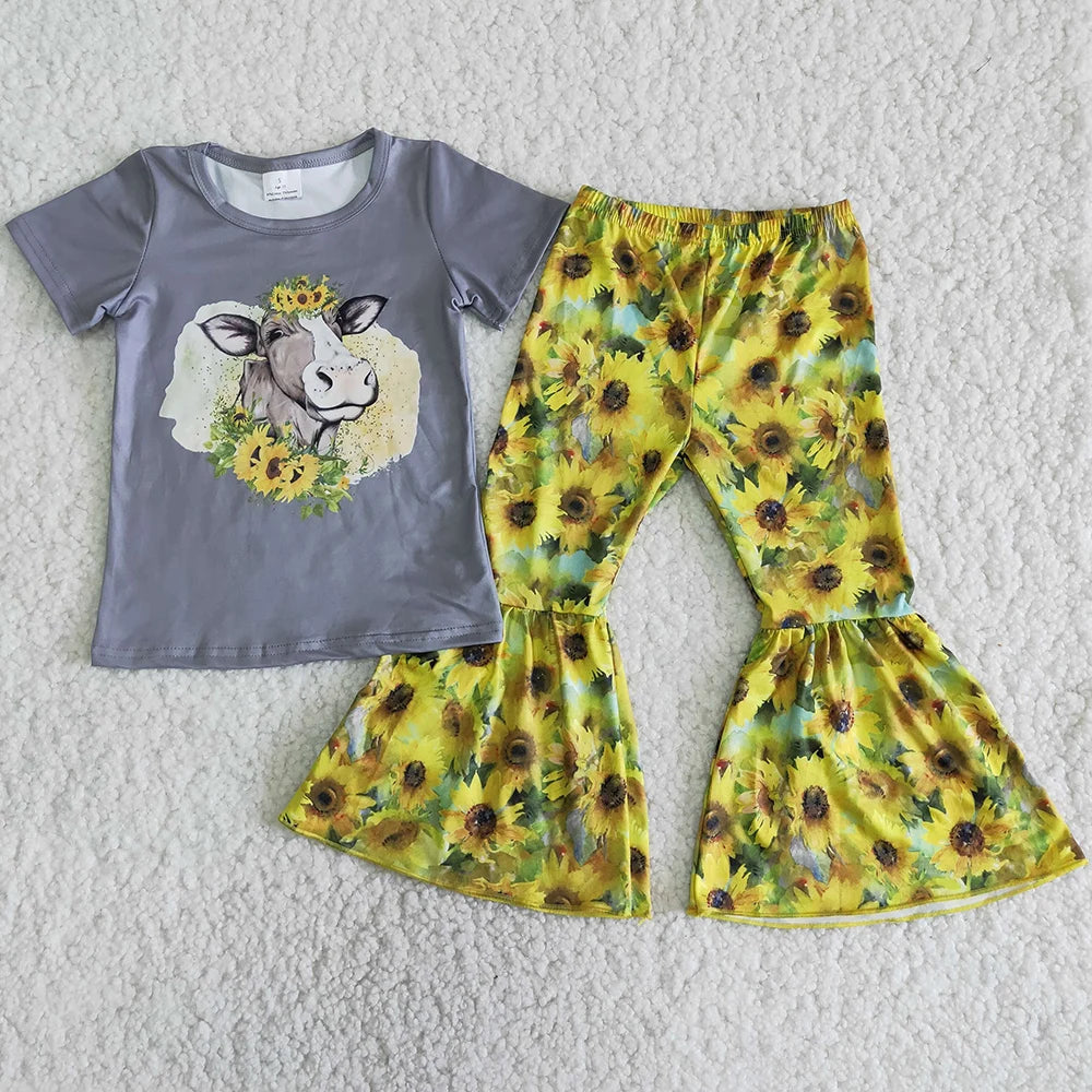 Hot Sale Baby Girls Clothes Short Sleeve Tops Bell Pants Sets Western Kids Clothes Fashion Toddler Girls Clothing Wholesale New