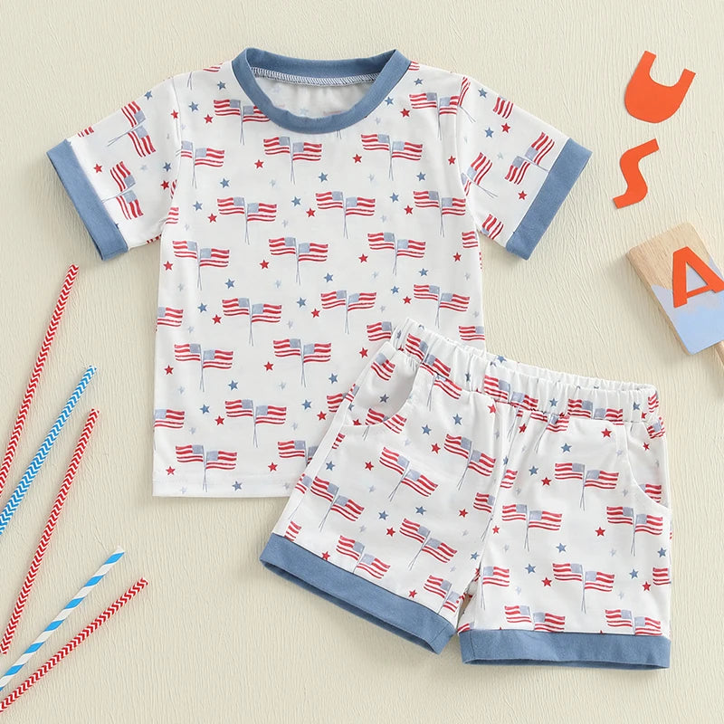 Infant Independence Day Apparel Set with Short Sleeve American Flag Print Tee and Pocket Shorts for Boys