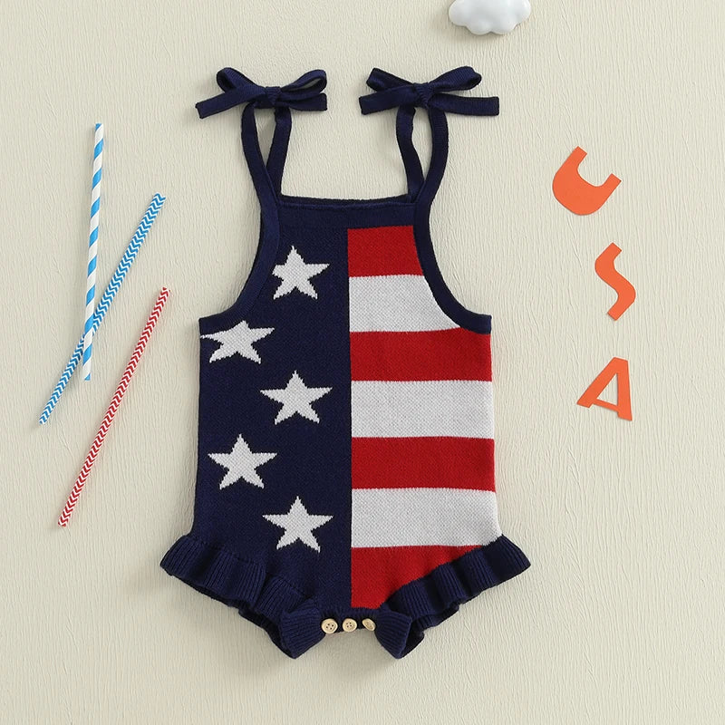 Independence Day Baby Girl Romper Red White Blue Stripe Star Print Tie Strap Square Neck Knit Jumpsuit Firework Theme Summer