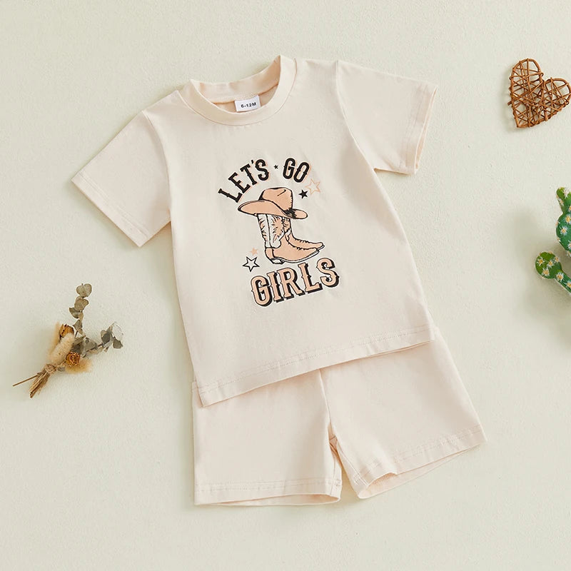 Girls Shorts Set Short Sleeve Crew Neck T-shirt with Shorts