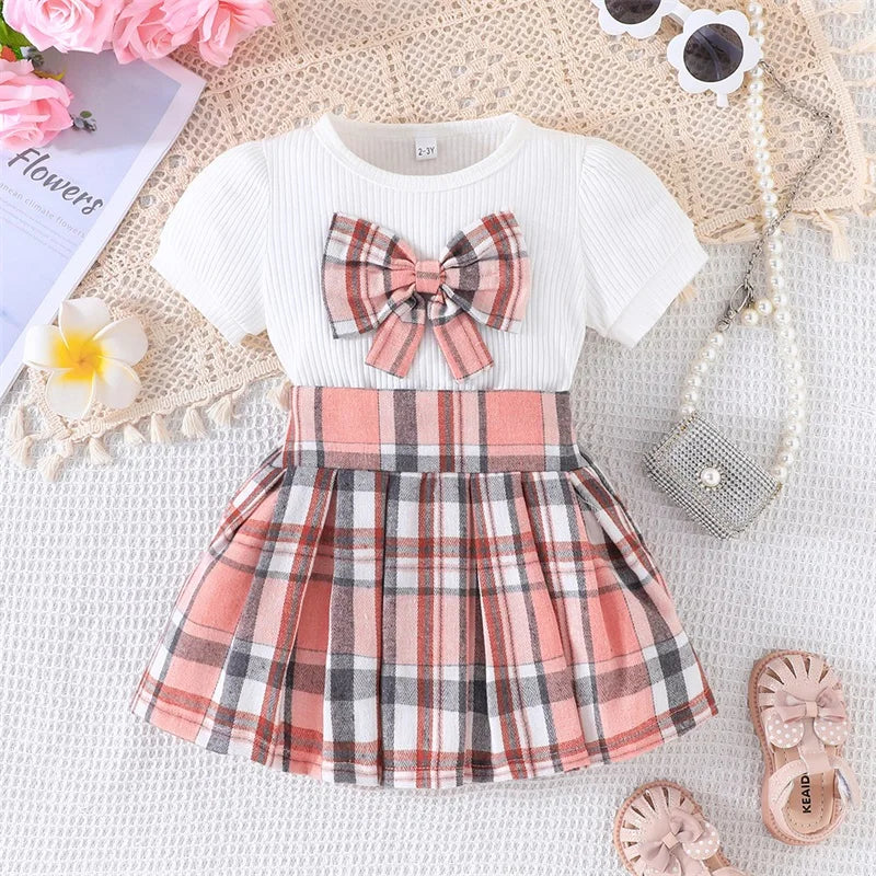 Summer Girl Clothes Short Sleeve Plaid Pleated Skirt
