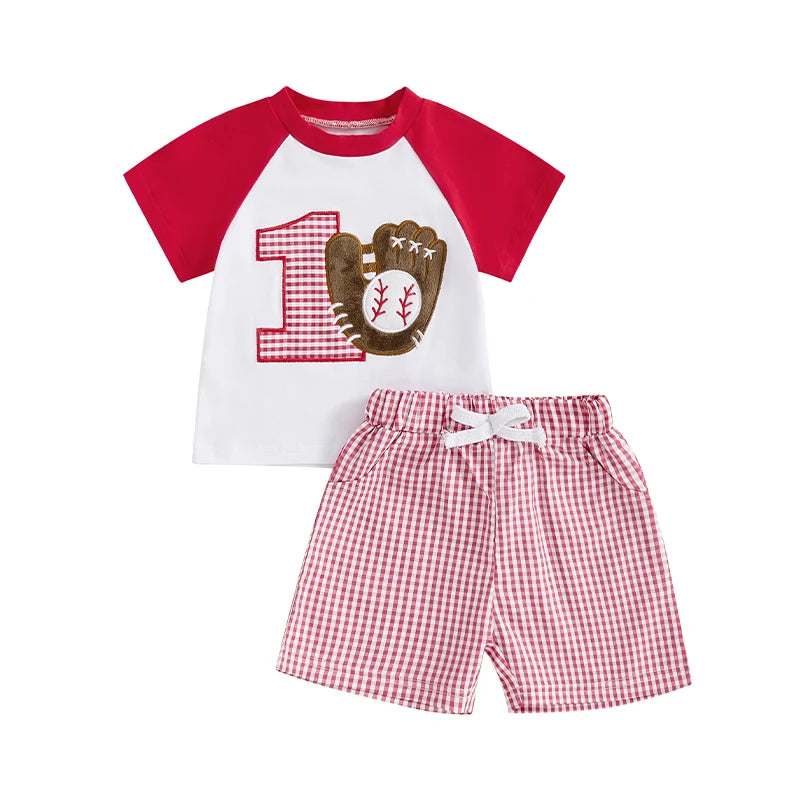 Adorable Baby Birthday Outfit Baseball Embroidery Tee and Plaid Shorts Set for Toddler Girl or Boy - Stylish and Fun Clothing