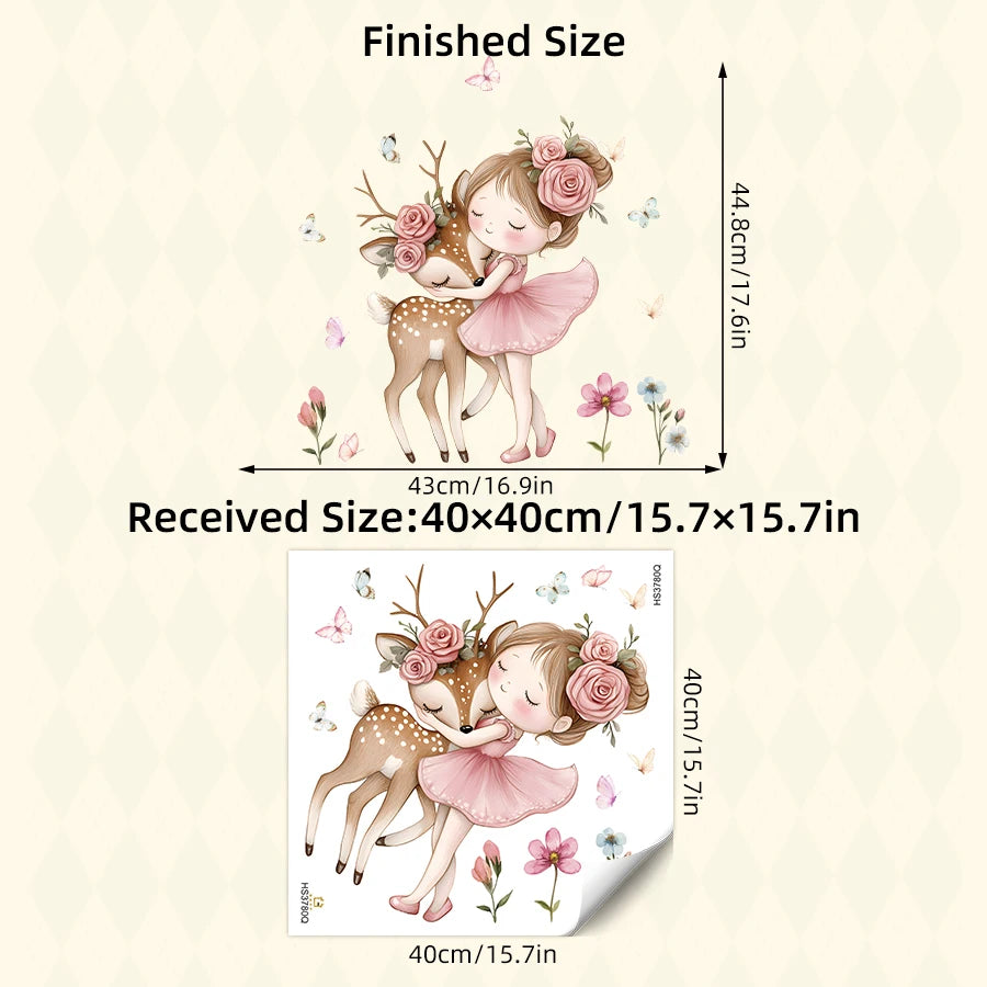 Cartoon Girl With Deer Wall Decal Woodland Animal Bedroom Decor Waterproof Peel-Stick Home Art For Playroom Wall Art Decals