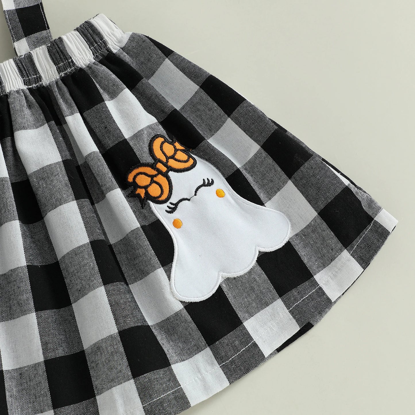 Toddler Baby Girls Skirt Set Solid Color Long Sleeve Tops and Ghost Pattern Plaid Suspender