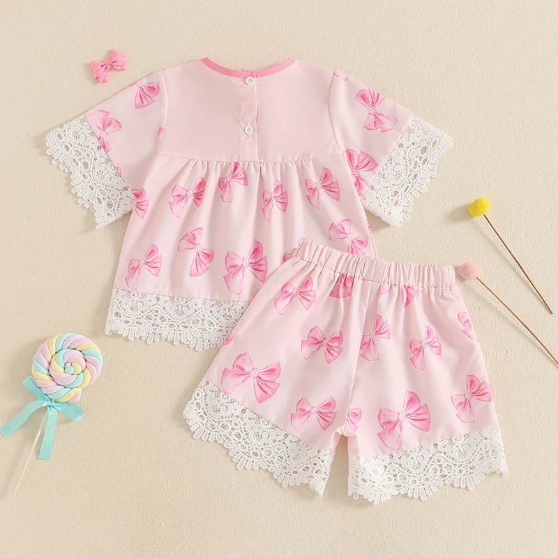 Kids Girls Shorts Set, Lace Trim Short Sleeve T-shirt with Shorts Summer Outfit