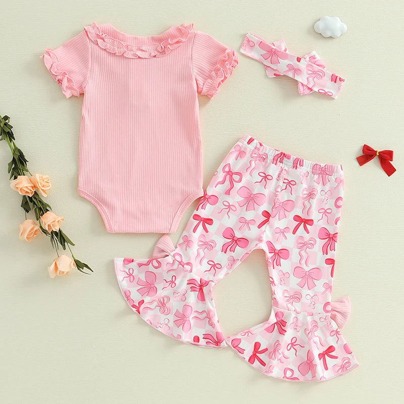 Toddler Girls 3-Piece Outfit Set with Ruffle Sleeve Romper Floral Print Bell Bottom Pants and Matching Headband