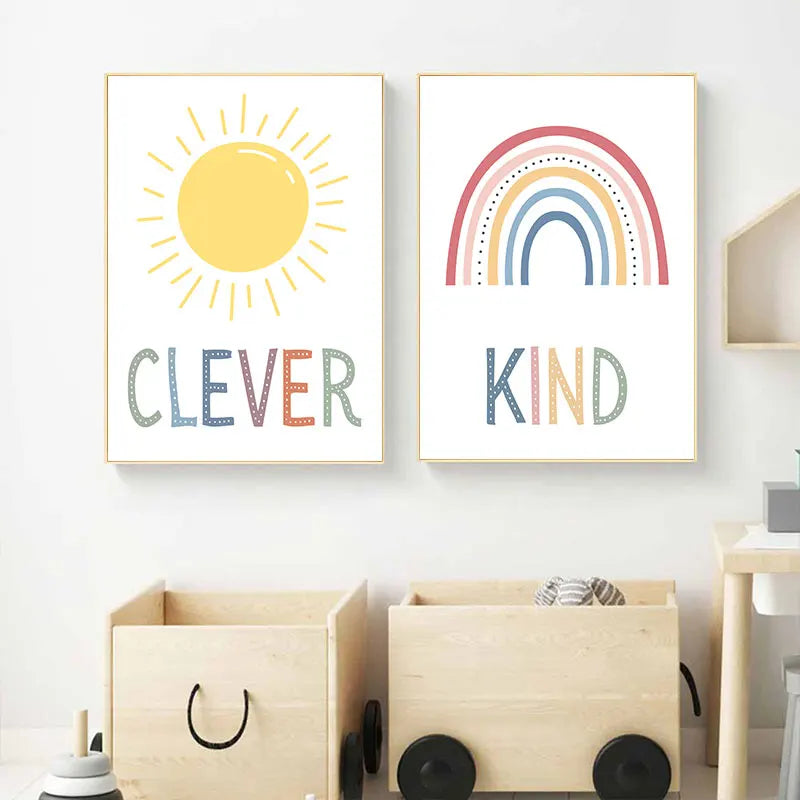 Cute Sun Rainbow Cloud Canvas Art Print Simple Educational Quotes Wall Poster Kids Room Nursery Modern Home Decor Picture