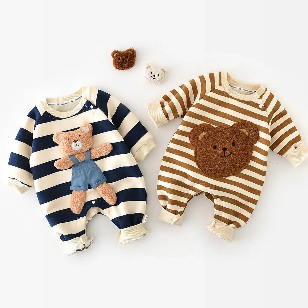 New Infant Baby Girl Striped Romper 0-2Y Boys Baby Newborn Items Cotton Thickened Jumpsuit 3D Bear Patch Autumn Winter Outfit
