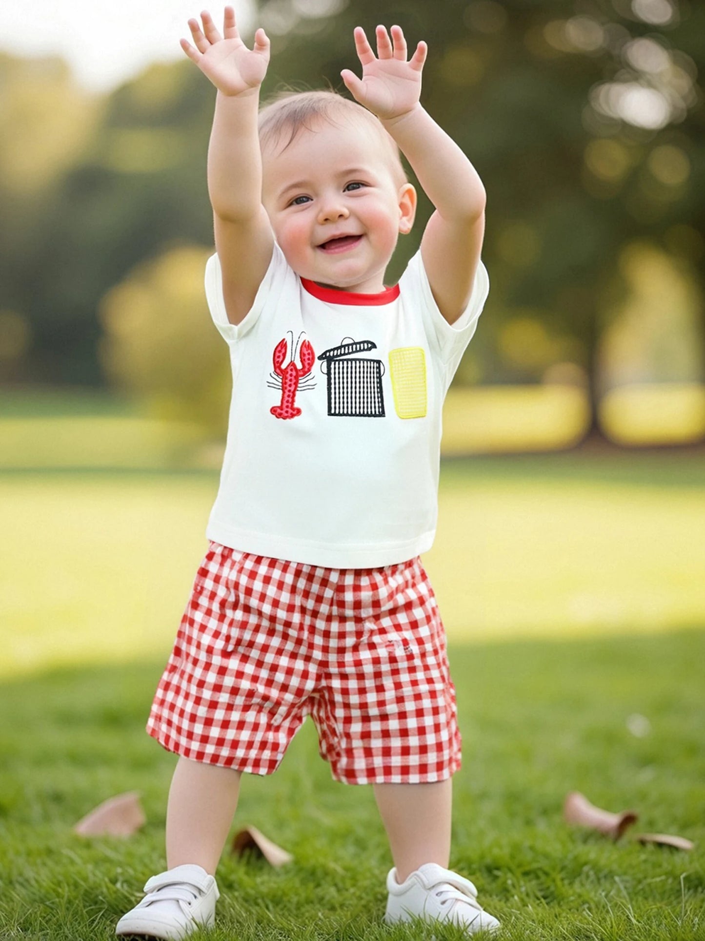 Adorable Infant Boy Beachwear Set with Cute Crab Applique Tee and Checkered Shorts for Sunny Days Outfits