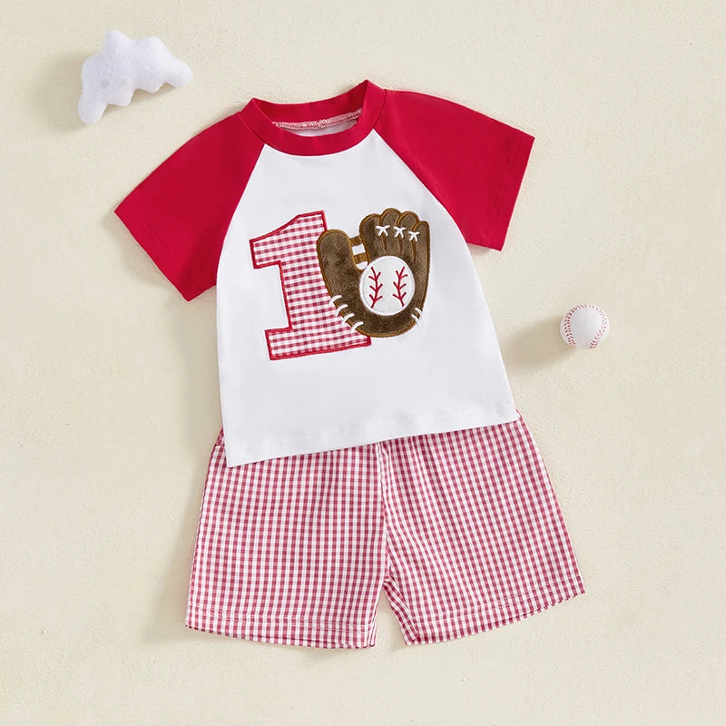 Adorable Baby Birthday Outfit Baseball Embroidery Tee and Plaid Shorts Set for Toddler Girl or Boy - Stylish and Fun Clothing