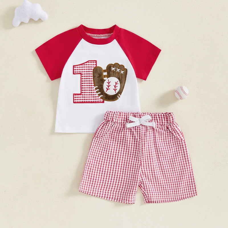 Adorable Baby Birthday Outfit Baseball Embroidery Tee and Plaid Shorts Set for Toddler Girl or Boy - Stylish and Fun Clothing