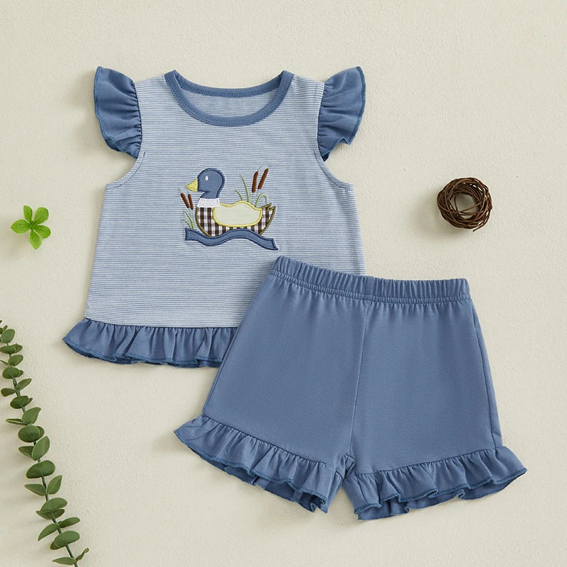 Adorable Infant Girl Outfit with Cute Bunny Applique Flutter Sleeve Top and Matching Ruffle Shorts for Summer Fun