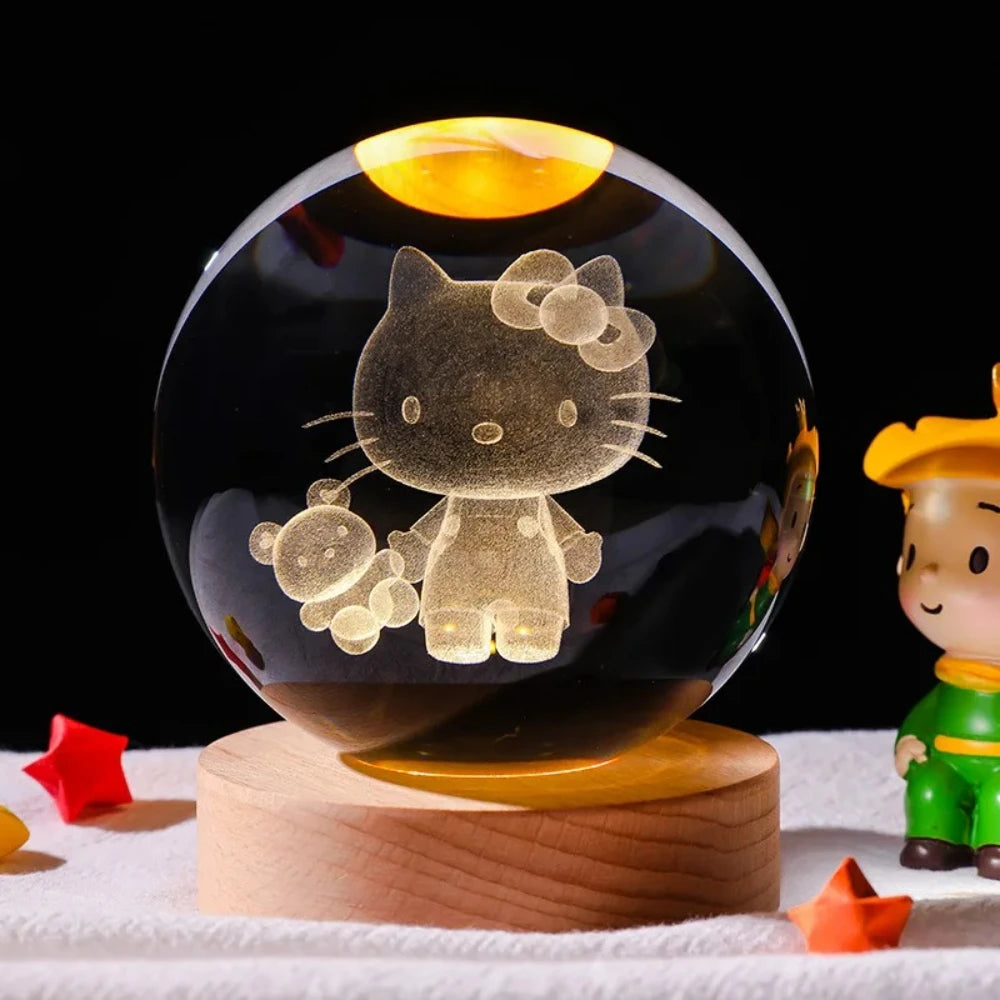 6CM 3D Crystal Ball Night Light Decoration Sanrio Kuromi Hello Kitty Children's Night Lamp Action Figure Glow Toy Birthday Gift