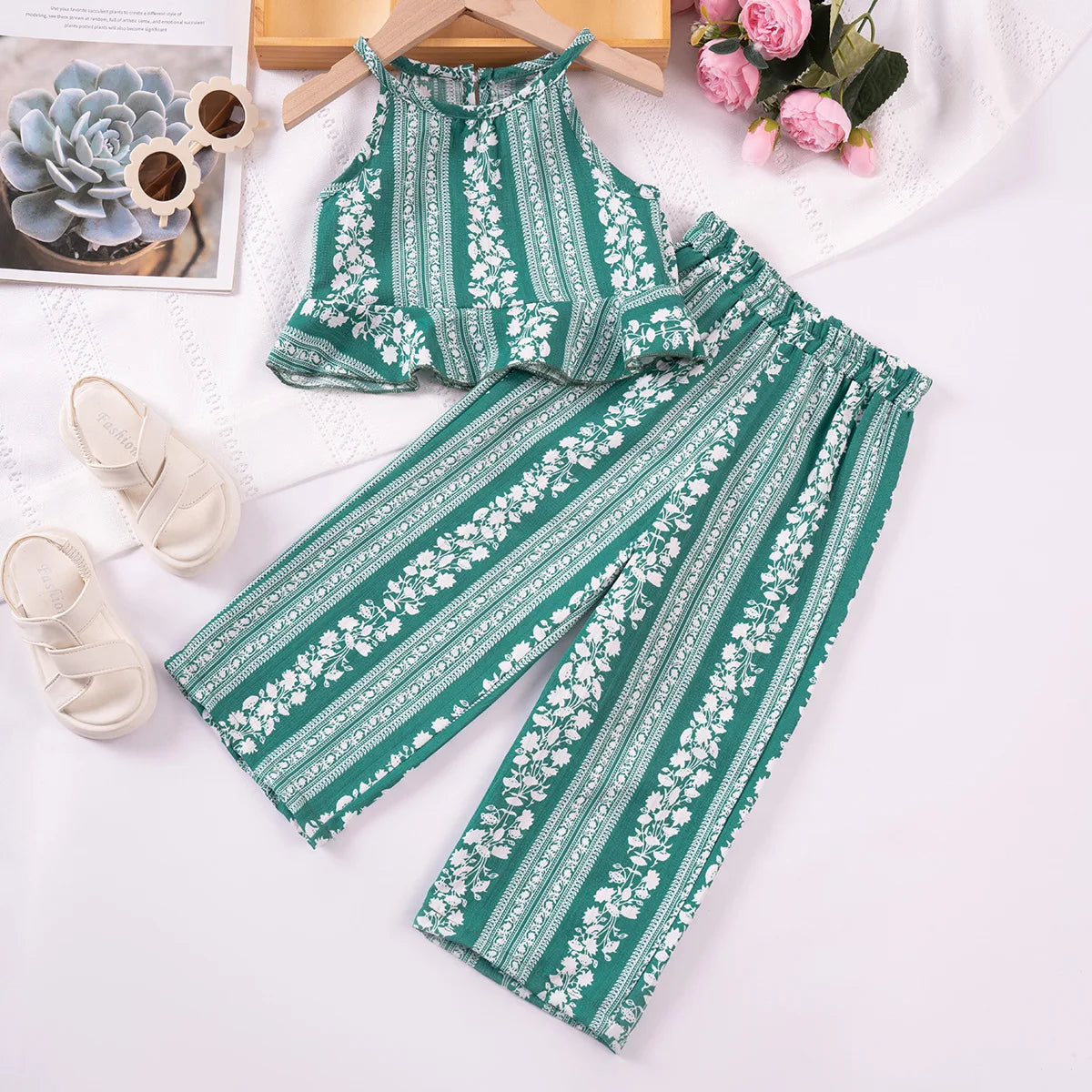 Kids Girl Summer Outfits Stripe Floral Print Sleeveless
