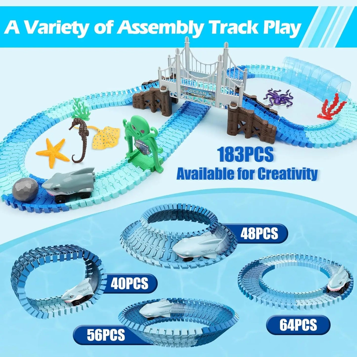 VATOS Track Toys 183 Pcs Shark Race Car and track